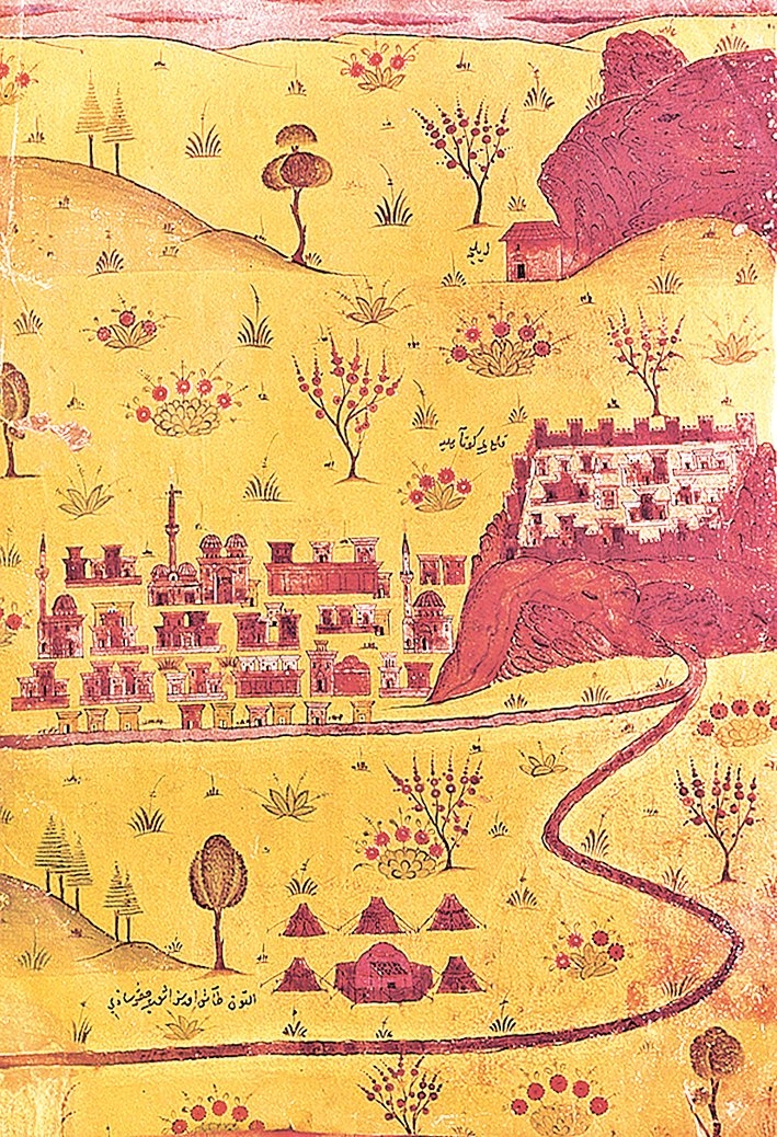 Beyân-ı Menâzil-i Sefer-i Irâkeyn’de Kütahya’yı gösteren minyatür (İÜ Ktp., TY, nr. 5964, vr. 15b)
