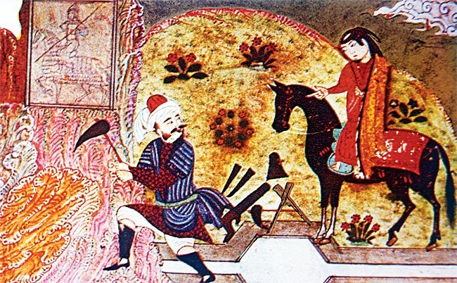 Şîrin’in Ferhad’ı dağı delerken görmesini tasvir eden bir minyatür (Emîr Hüsrev-i Dihlevî, Ḫamse, TSMK, Hazine, nr. 795, vr. 61a)