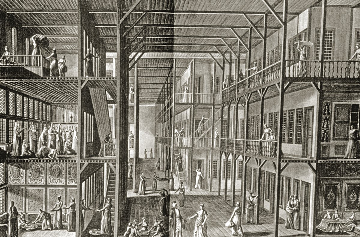 Harem hayatını gösteren bir gravür (A. I. Melling, Voyage pittoresque de Constantinople et des rives du Bosphore, Paris 1819, Tablo 10)