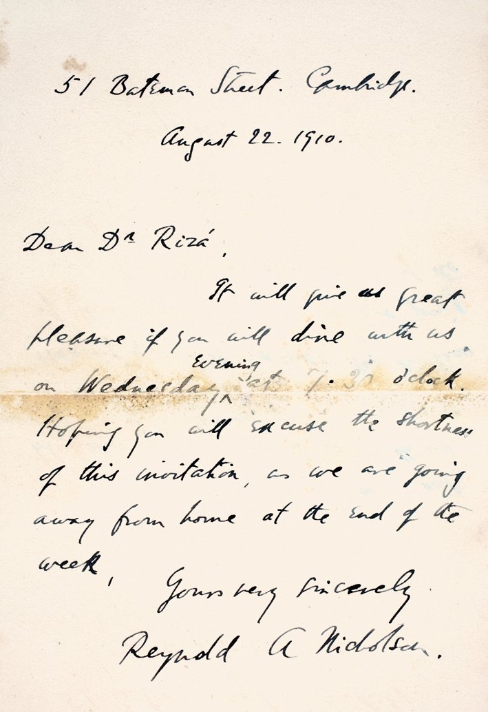 Reynold A. Nicholson’un el yazısı ile Rıza Tevfik’e bir mektubu (Abdullah Uçman koleksiyonu)