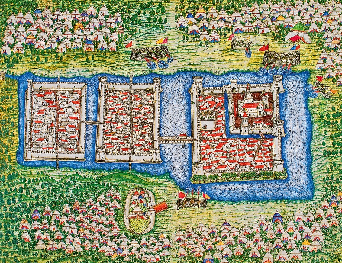 Feridun Ahmed Bey’in Nüzhetü’l-esrâri’l-ahbâr der Sefer-i Sigetvar adlı eserinde Sigetvar Kalesi’nin kuşatılmasını gösteren minyatür (TSMK, Hazine, nr. 1339, vr. 32b-33a)