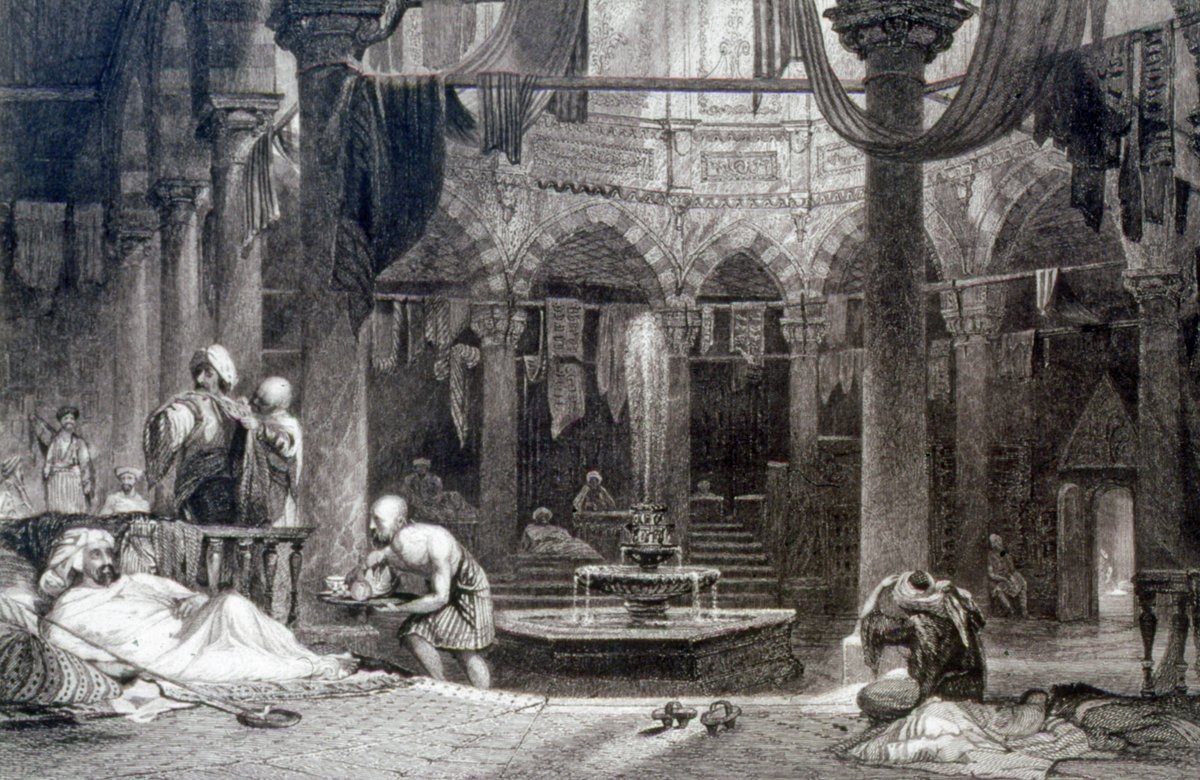 Türk hamamının soğukluk kısmını resmeden Thomas Allom’un gravürü (R. Walsh, Constantinople and the Scenery of the Seven Churches of Asia Minor, London 1840, I, lv. 43)