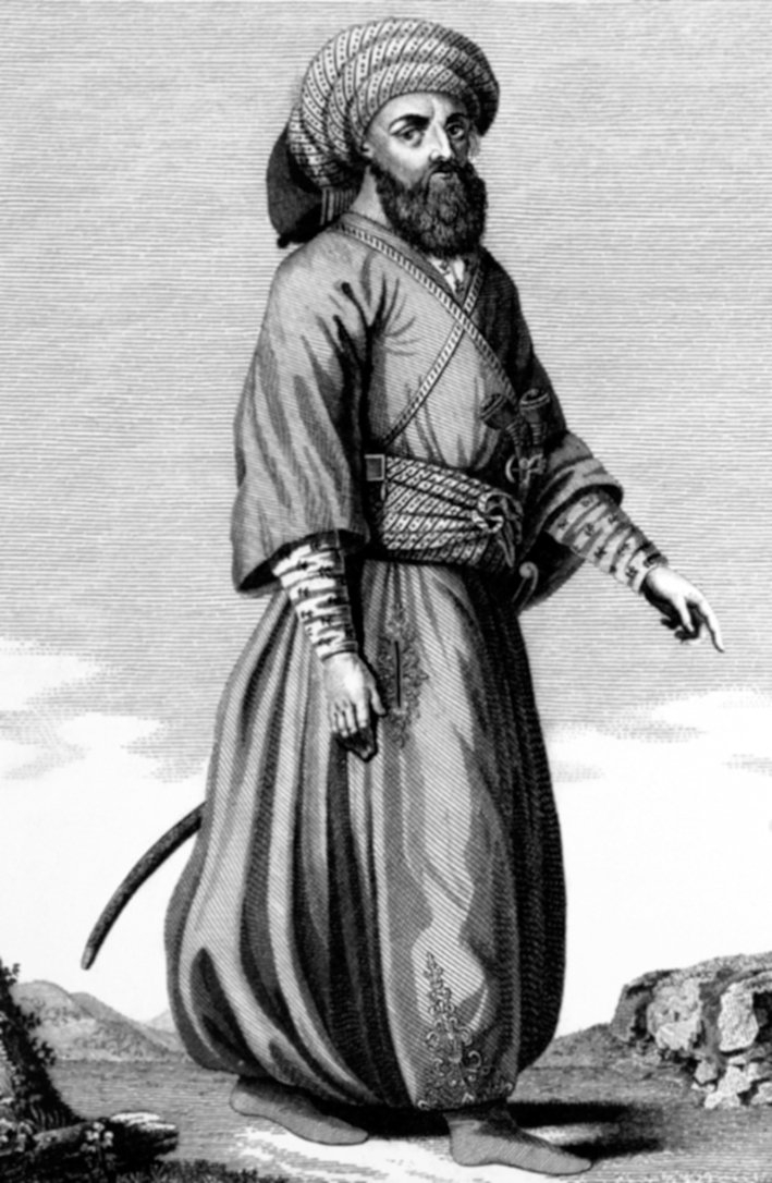 Savaş kıyafetiyle tasvir edilen bir paşa (D’Ohsson, Tableau général, III, lv. 180)