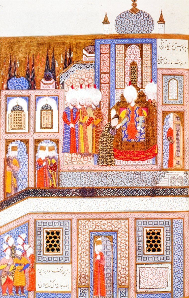 Devlet Giray’ı Kanûnî Sultan Süleyman’ın huzurunda gösteren bir minyatür (Süleymannâme, TSMK, Hazine, nr. 1517, vr. 519a)