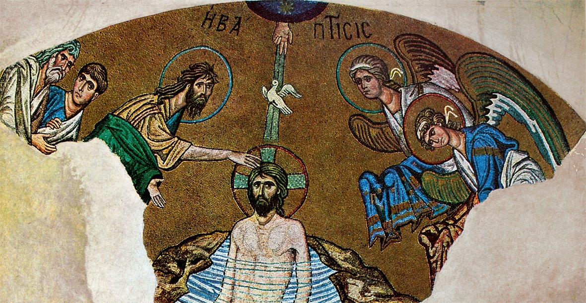Dafni Manastırı Kilisesi’nde Îsâ’nın Ioannes (Yahyâ) tarafından vaftiz edilişini gösteren XII. yüzyıla ait mozaik pano