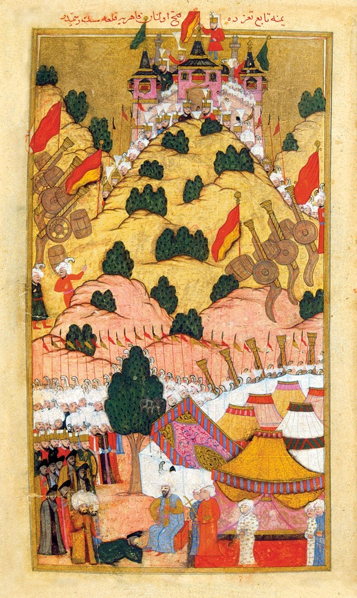 Taiz Kalesi’nin zaptedilmesini tasvir eden bir minyatür (Rumûzî Mustafa, Târîh-i Feth-i Yemen,İÜ Ktp., TY, nr. 6045, vr. 59a)