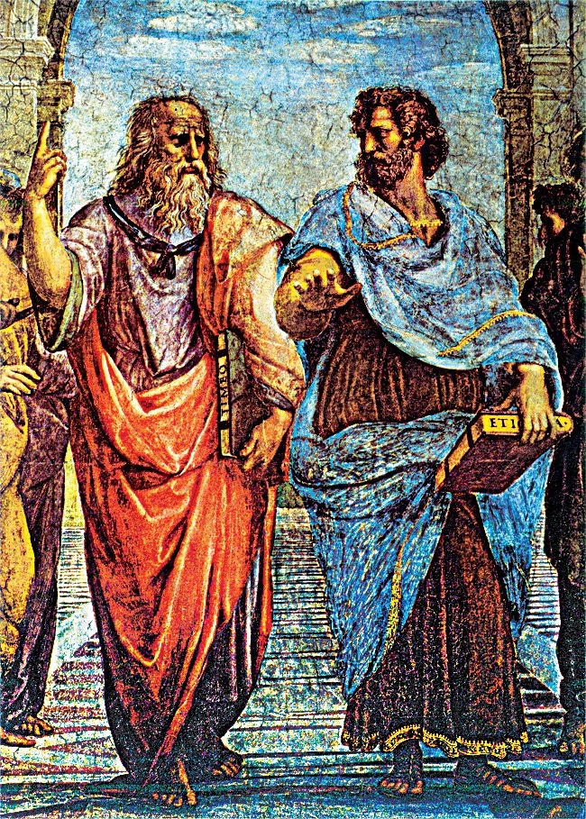 Raphael’in, Eflâtun’un gerçeği göklerde (idealarda), Aristo’nun yeryüzünde aradığını ifade eden resmi (Atina Okulu adlı freskosundan detay – Vatikan)