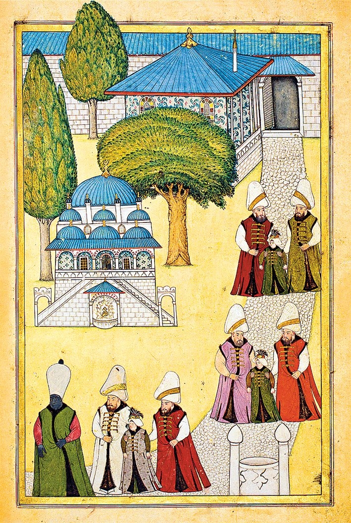 Şehzadelerin sünnet edilmek için sünnet odasına götürülmesini tasvir eden bir minyatür (Surnâme-i Vehbî, TSMK, III. Ahmed, nr. 3593, vr. 173b)