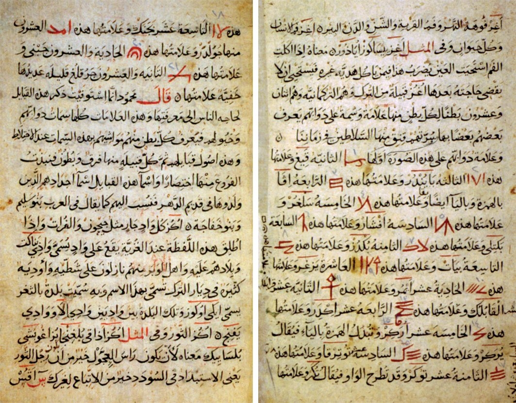 Dîvânü lugāti’t-Türk’te Oğuz boylarının damgalarını gösteren iki sayfa (Millet Ktp., Ali Emîrî, Arabî, nr. 4189, vr. 20b-21a)