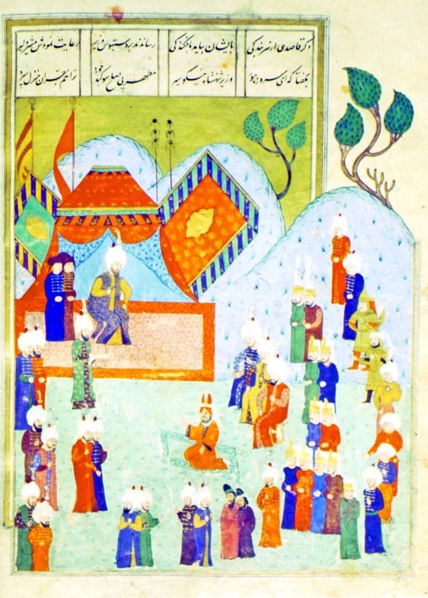 Ali Nakkaş tarafından yapıldığı kabul edilen ve Yemen kadısını serdarın huzurunda tasvir eden minyatür (Şehnâme-i Selim Han, TSMK, III. Ahmed, nr. 3595, vr. 91b)