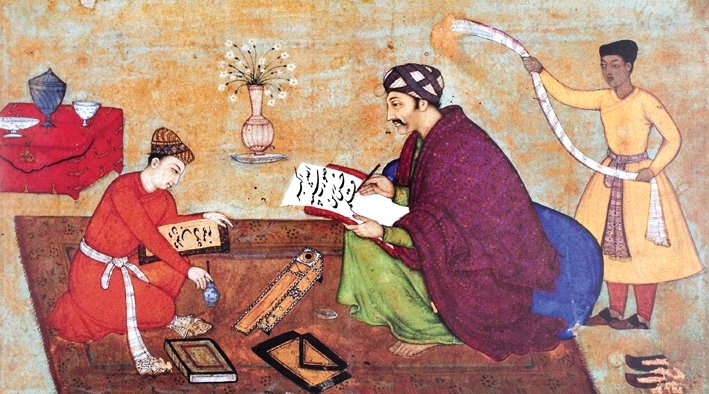 989 (1581) tarihli bir Gülistân yazmasından genç nakkaş Manohar ile Hattat Muhammed Hüseyin’i gösteren minyatür (London India Office Library and Records, MS, nr. 5, vr. 128a)