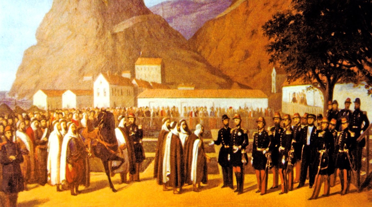 Abdülkādir el-Cezâirî’nin 23 Aralık 1847’de Fransızlar’a teslim oluşunu gösterenA. Règis’nin bir tablosu (Chantilly Müzesi)