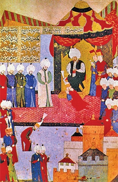 II. Selim’in Belgrad’da cülûsunu tasvir eden bir minyatür (Şahnâme-i Selim Han, TSMK, III. Ahmed, nr. 3595, vr. 26b)