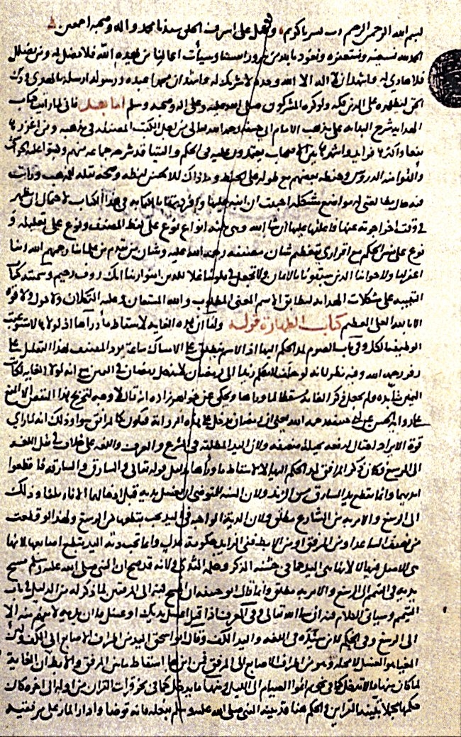İbn Ebü’l-İzz’in Kitâbü’t-Tenbîh ʿalâ müşkilâti’l-Hidâye adlı eserinin ilk sayfası (Süleymaniye Ktp., Süleymaniye, nr. 588)