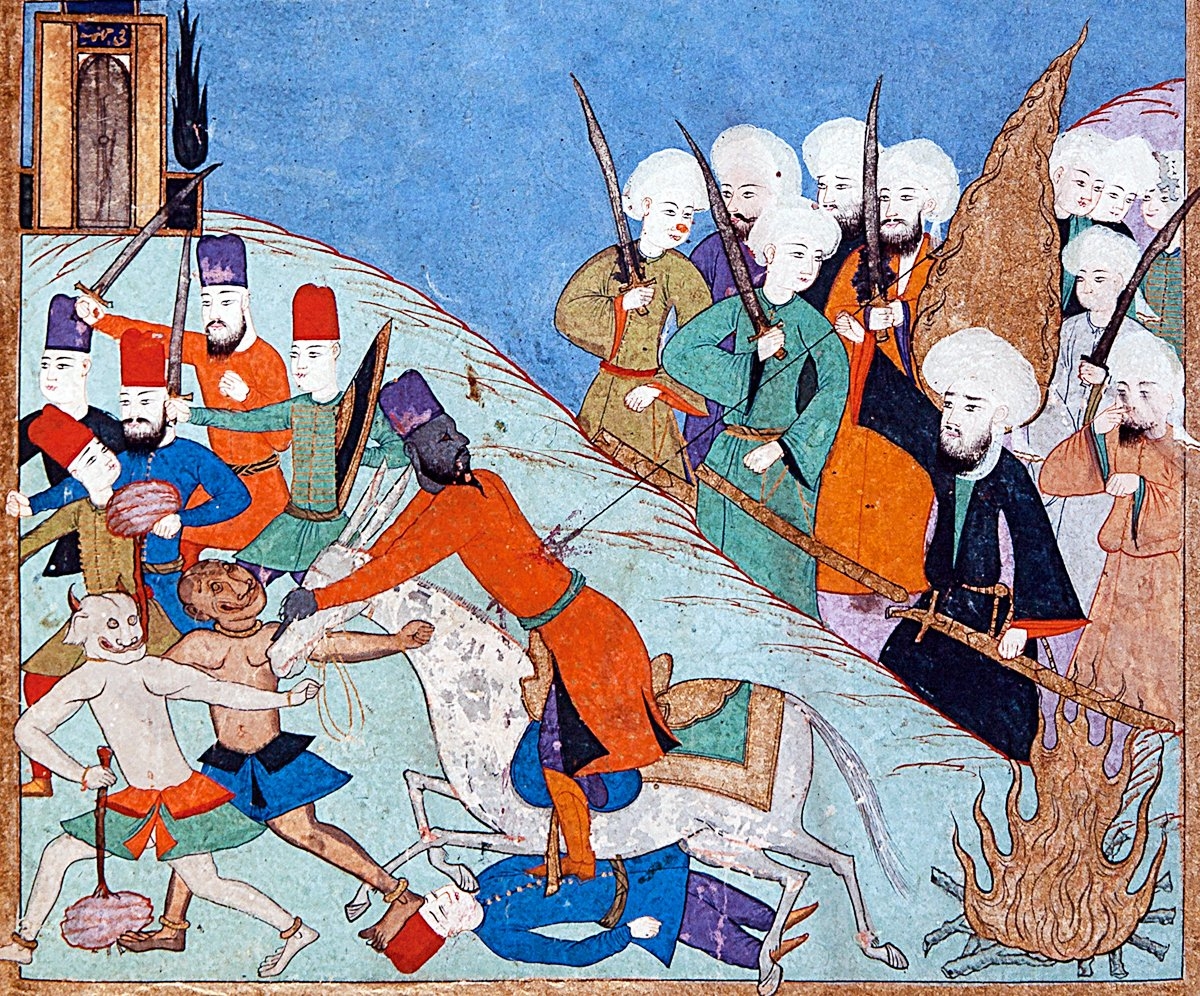 Hz. Îsâ’nın deccâli öldürmesini tasvir edenbir minyatür (Terceme-i Cifrü’l-câmi‘, İÜ Ktp.,TY, nr. 6624, vr. 98b)