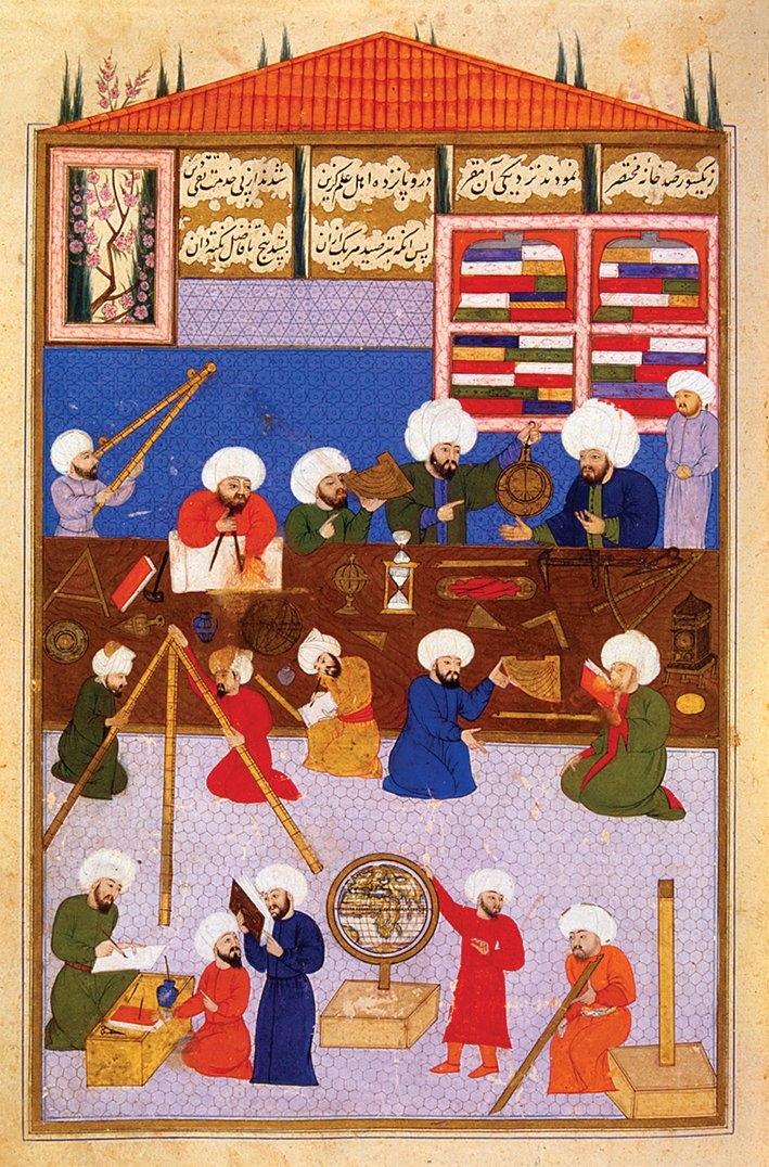 III. Murad Şehinşahnâmesi’nde Takıyyüddin er-Râsıd’ı maiyetindeki astronomlarla birlikte çalışırken gösteren minyatür (İÜ Ktp., FY, nr. 1404, vr. 57a)