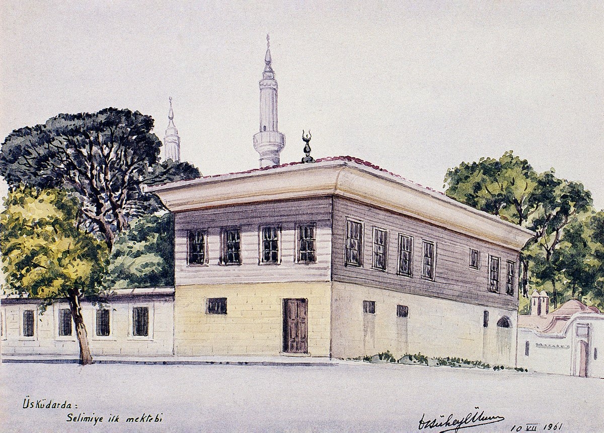 Günümüzde kütüphane olarak kullanılanSelimiye ilk mektebinin Süheyl Ünver tarafından yapılan çizimi (A. Süheyl Ünver’in İstanbul’u[haz. İsmail Kara – Salih Pulcu],İstanbul 1996, s. 206)