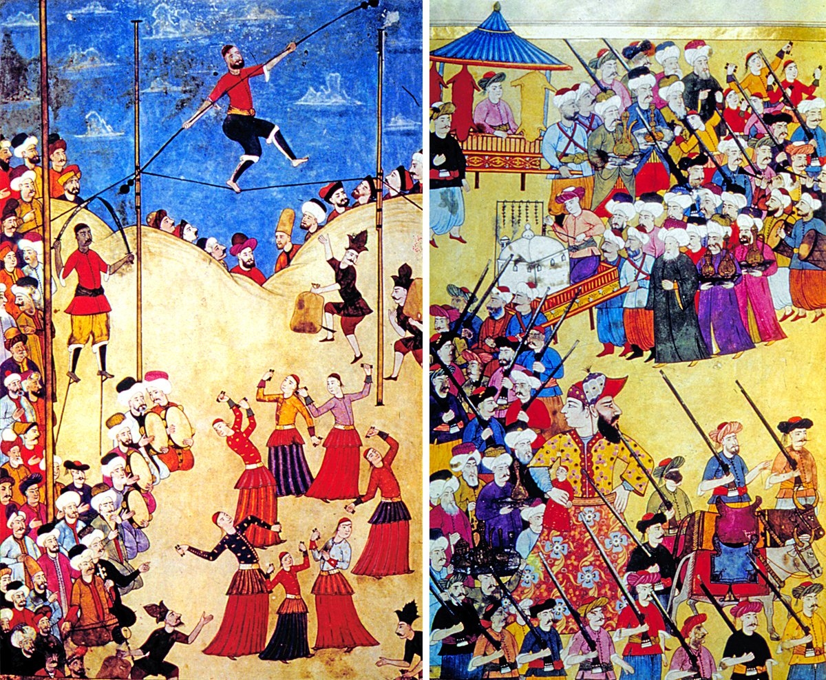 Lâle Devri’nde İstanbul’da yapılan şenlikleri tasvir eden iki minyatür (Surnâme-i Vehbî, TSMK, III. Ahmed, nr. 3593, vr. 54a, 74a)