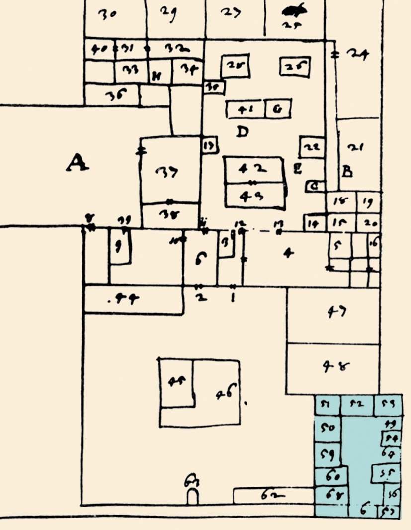 Ali Ufkî Bey’in 1665’te yazdığı Serai Enderum... adlı eserde Topkapı Sarayı ve Enderun Hastahanesi’nin planı: 50. Enderun Hastahanesi. 51. Hastahanenin idarî âmirinin dairesi. 52. Analar denilen yaşlı kadın hasta bakıcılar. 53. Has Oda’ya ait hastahane.54. Hazine Odası’na ait hastahane. 55. Büyük Oda’ya ait hastahane. 56. Seferli Odası’na ait hastahane. 57. Küçük Oda’ya ait hastahane.59. Hadım ağalarının hastahanesi. 60. Enderun Hastahanesi’nin girişi. 68. Hastahane hamamı.