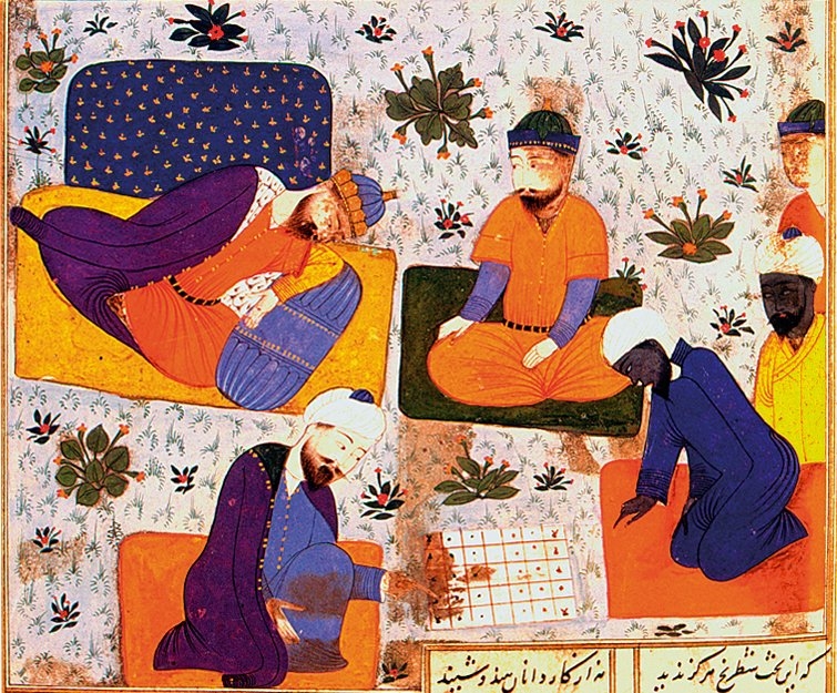 Firdevsî’nin Şâhnâme adlı eserinde Ebûzer-i Cemher’in Hint hekimiyle satranç oynamasını tasvir eden minyatür (İÜ Ktp., FY, nr. 1406)