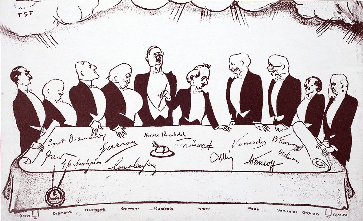 Karikatürist Derso ile Kélin’in Lozan Antlaşması’nın imza törenini yansıtan çizimi