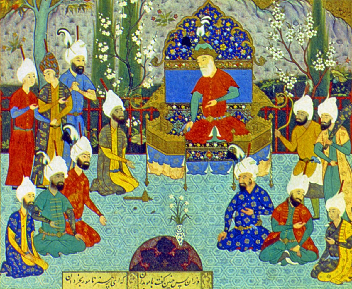 Dahhâk’i vezirleriyle toplantı halinde gösteren bir minyatür (Firdevsî, Şâhnâme, Rothschild Collection)