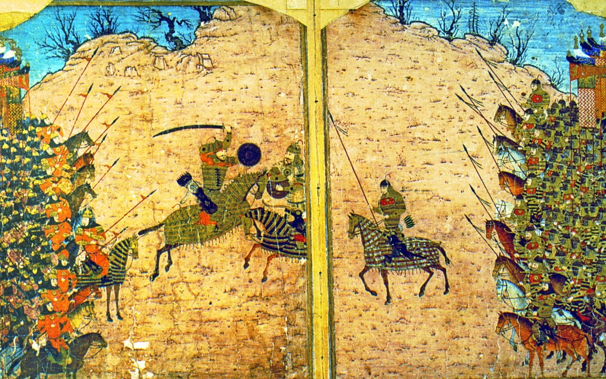 İranlılar’ın yaptığı meydan savaşlarındanbirini tasvir eden XIV. yüzyıla ait minyatür(Albüm, TSMK, Hazine, nr. 2153, vr. 52b-53a)