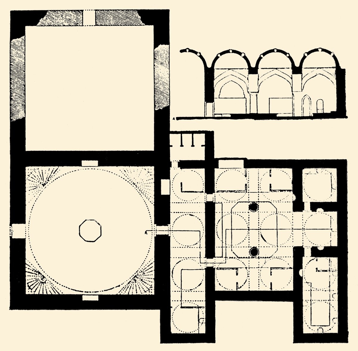 Haseki Hamamı’nın Heinrich Glück tarafından çizilen plan ve kesiti (Die Bäder Konstantinopels, şekil 102)