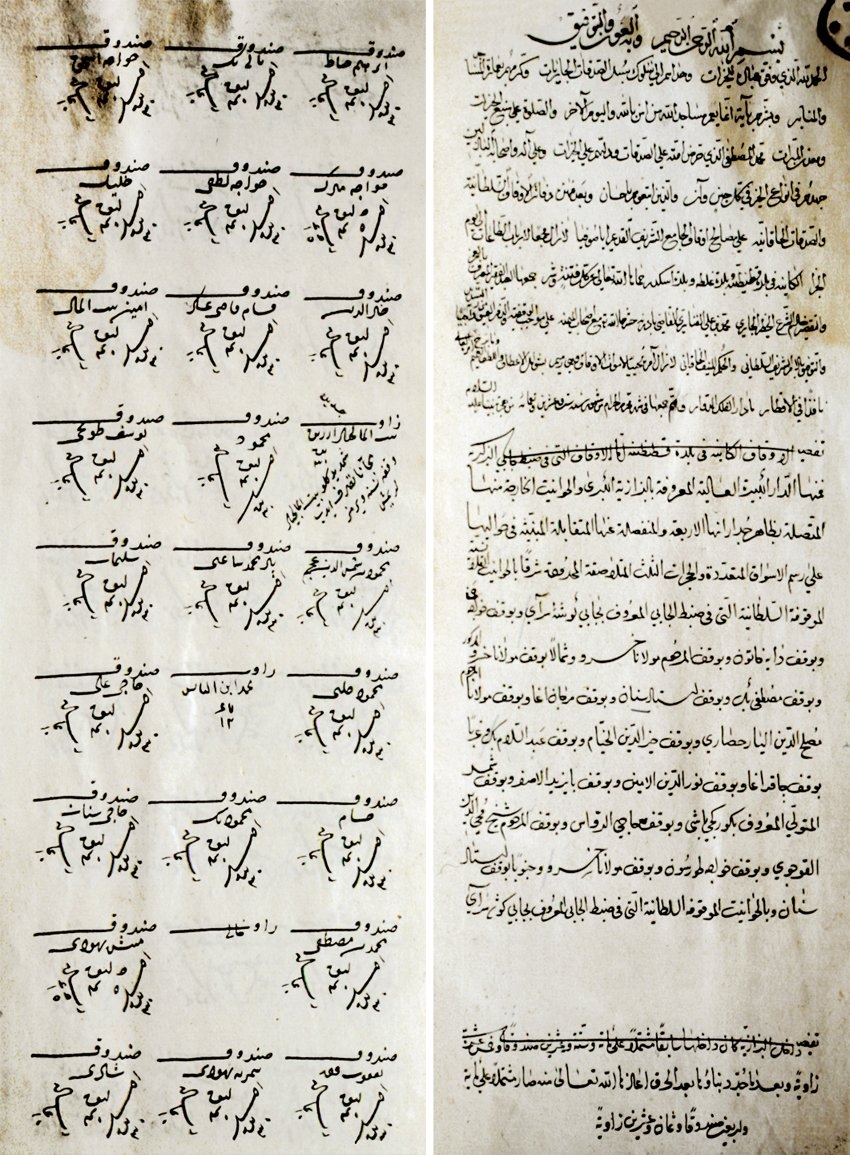 Fenârîzâde Muhyiddin Mehmed Şah’ın Edirne kadısı iken düzenlediği Ayasofya Vakıfları Tahrir Defteri’nin ilk iki sayfası (İstanbul Belediyesi Atatürk Kitaplığı, Muallim Cevdet, nr. O. 64)