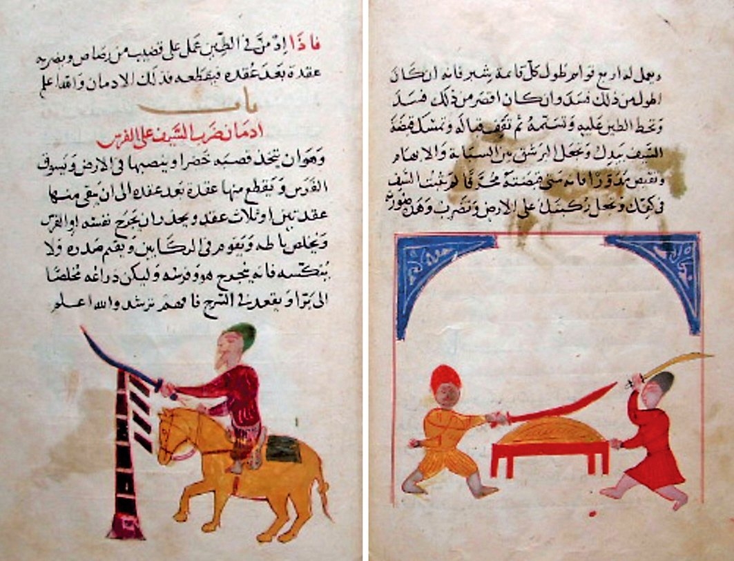 Kılıç tâlimini gösteren minyatürler (Kitâbü’l-Mahzûn câmiu’l-fünûn, TSMK, Revan Köşkü, nr. 1933, vr. 85b-86a)