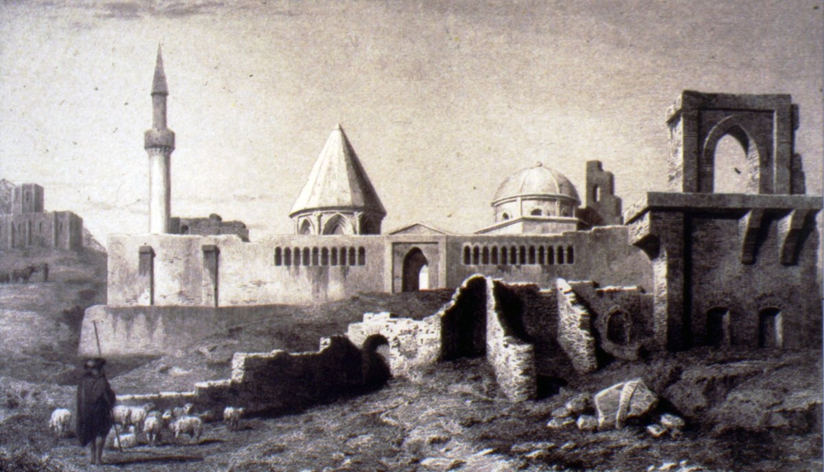 1865 yılında Alâeddin Köşkü’nün kalıntıları ile Alâeddin Camii’ni gösteren gravür (Ch. Texier, Description de l’Asie Mineure, Paris 1849, s. 100)