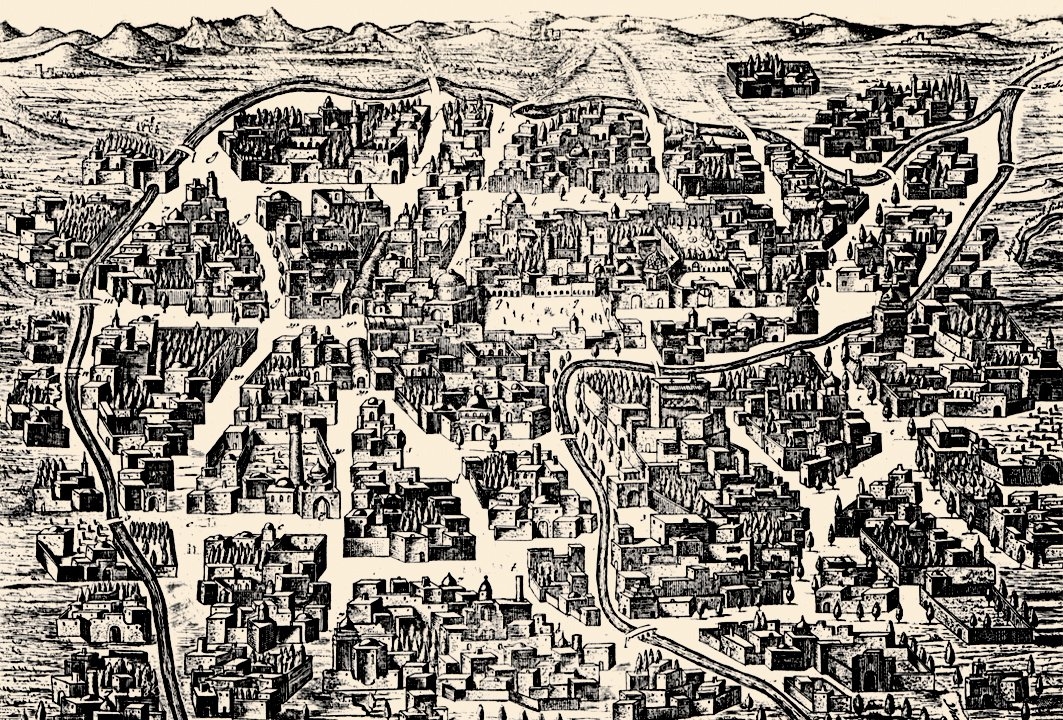 Erdebil’in XVIII. yüzyılın ortalarındaki durumunu gösteren bir gravür (A. Olearii [Olearius], Außführliche Beschreibung Der Kundbaren Reyse nach Muscow und Persien, s. 460-461)