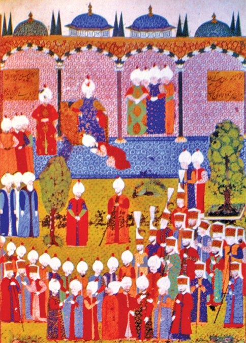 Kanûnî Sultan Süleyman’ıncülûsunu tasvir eden minyatür(Süleymannâme, TSMK, Hazine, nr. 1517, vr. 17b)