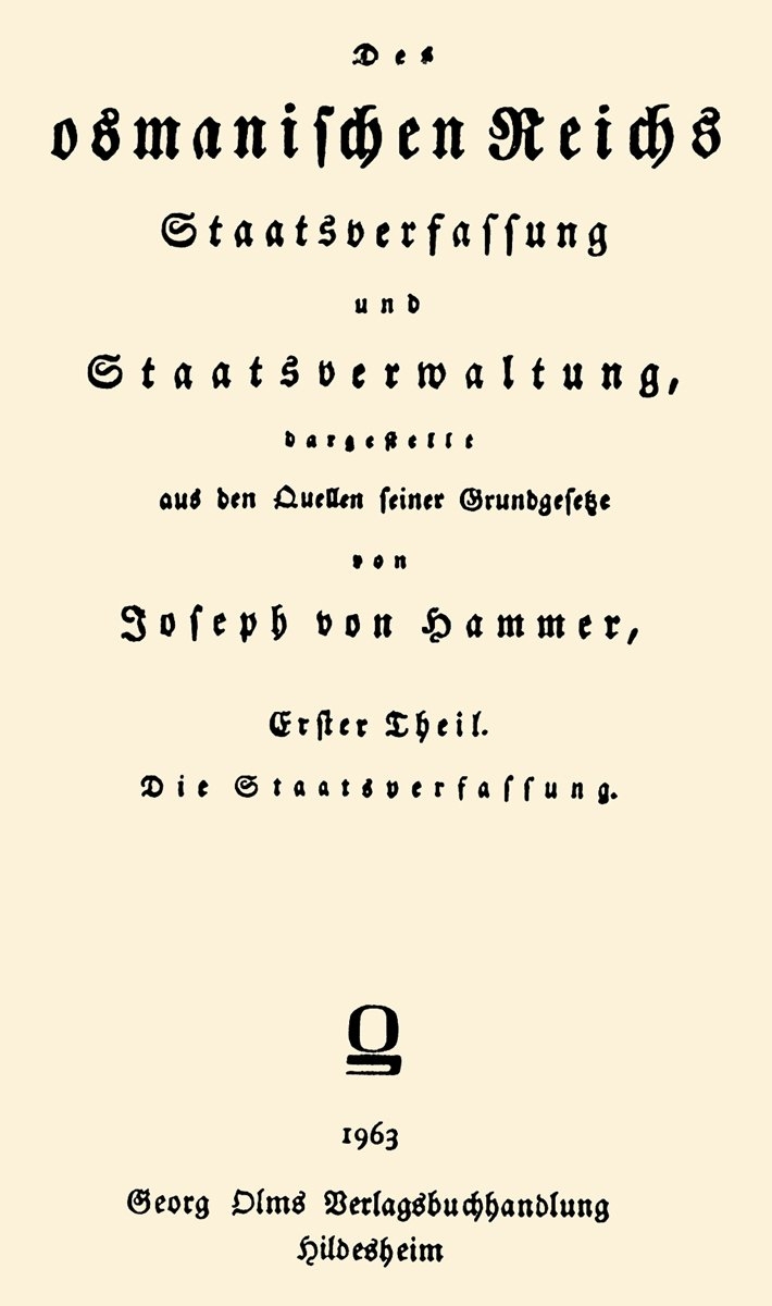Hammer’in Des osmanischen Reichs (I-II, Wien 1815) adlı eserinin tıpkıbasımının kapak sayfası