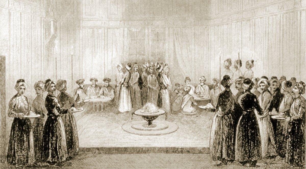 Bâbıâli’de verilen iftar ziyafetini gösteren bir gravür (Muhittin Eren gravür koleksiyonu)