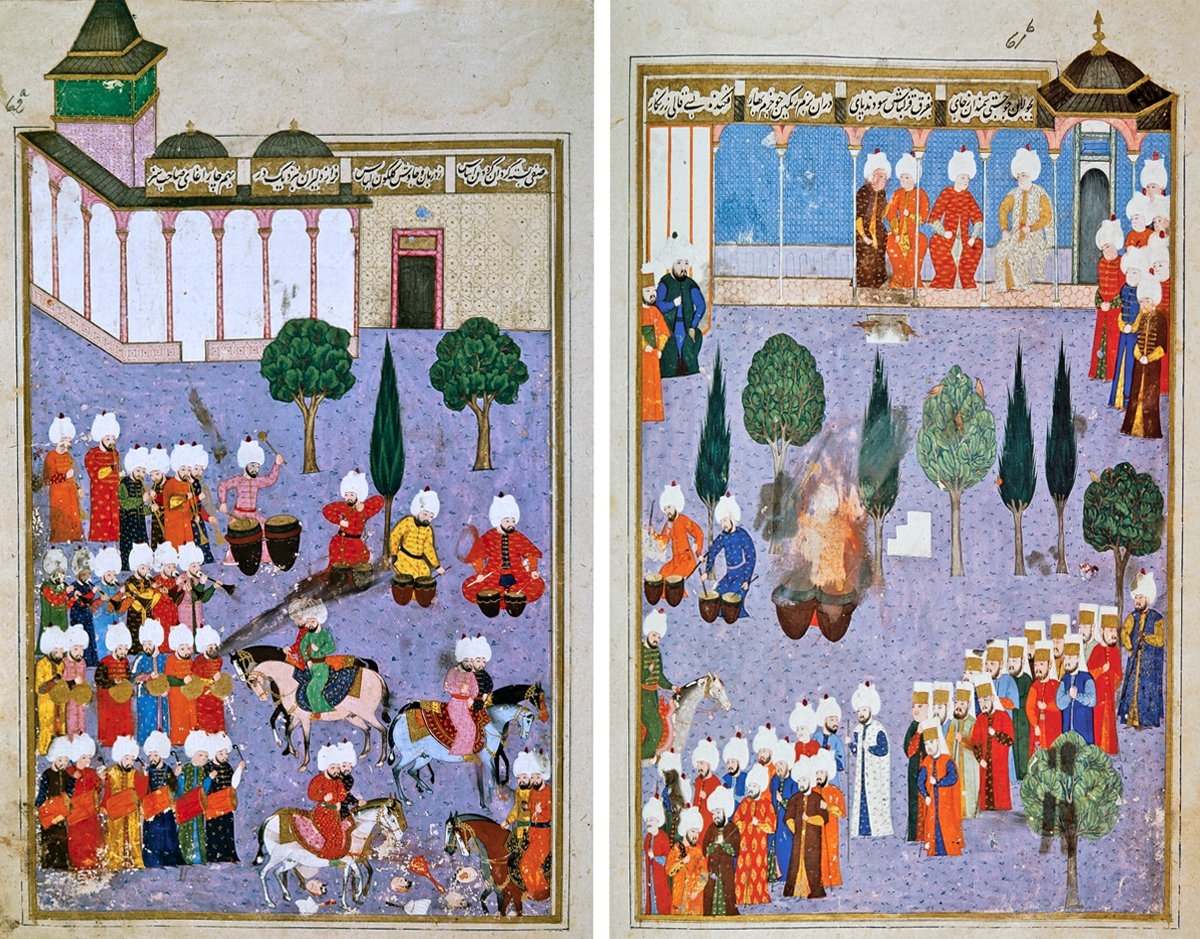 Sultan III. Murad’ın huzurunda mehteranı gösteren minyatürlü iki sayfa (Lokmân b. Hüseyin,Şehinşâhnâme, İÜ Ktp., FY, nr. 1404, vr. 61b-62a)