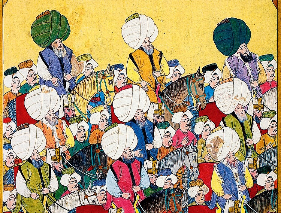 Levnî’nin Surnâme’sindeki bir minyatürde bazı sarık tarzları (Surnâme, TSMK, III. Ahmed, nr. 3593, vr. 164b’den detay)