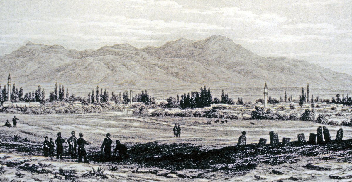 XIX. yüzyılın sonlarına doğru Karaman’ı gösteren bir gravür (E. J. Davis, Life in Asiatic Turkey, London 1879, s. 300)