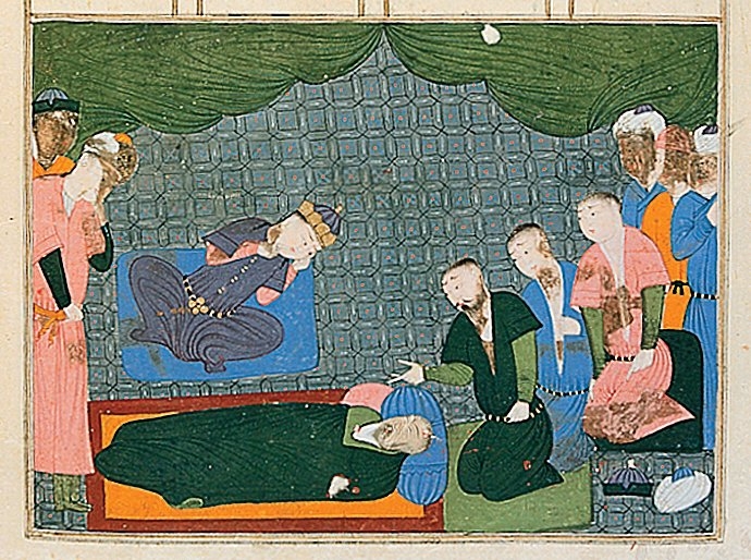 I. Şâpûr’un ölümünün tasvir edildiği bir minyatür (Firdevsî, Şâhnâme, İÜ Ktp., FY, nr. 1406)