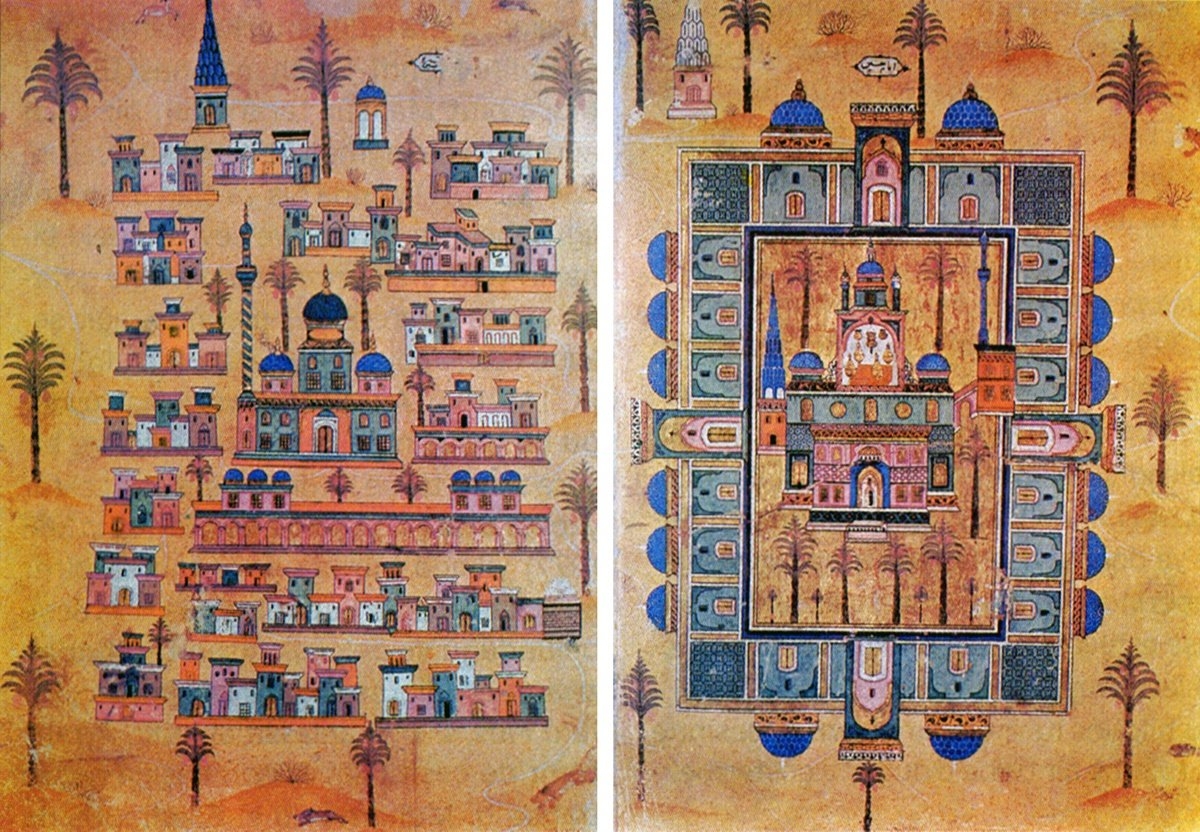 Kerbelâ ve civarındaki ziyaretgâhlardan “İmam Hüseyin” ve “Tetimme-i İmam Hüseyin”i gösteren tasvirler (Matrakçı Nasuh, Beyân-ı Menâzil-i Sefer-i Irâkeyn, İÜ Ktp., TY, nr. 5964, vr. 62b-63a)