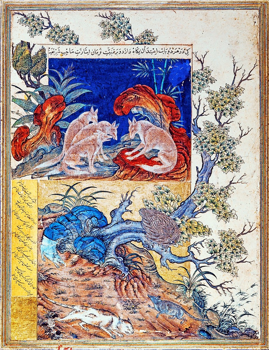 Kelîle ve Dimne adlı eserde çakalların toplantısı ve kedi ile farenin dostluklarını konu alan minyatürlerin bulunduğu sayfa (İÜ Ktp., FY, nr. 1422, vr. 19a)