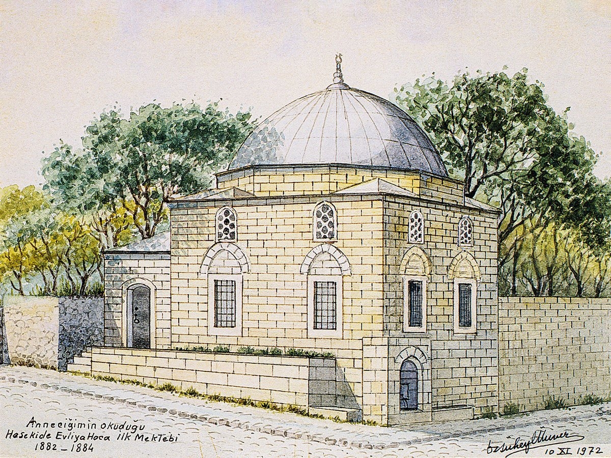Haseki’deki Evliya Hoca ilk mektebininA. Süheyl Ünver tarafından yapılan çizimi(A. Süheyl Ünver’in İstanbul’u[haz. İsmail Kara – Salih Pulcu], İstanbul 1996, s. 46)