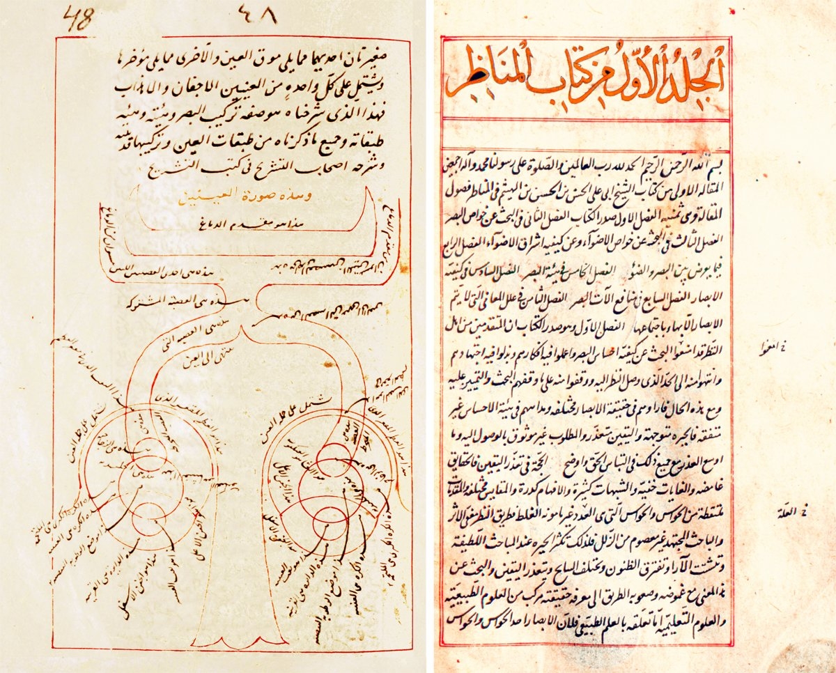 İbnü’l-Heysem’in Kitâbü’l-Menâẓır adlı eserinden iki sayfa (Süleymaniye Ktp., Ayasofya, nr. 2448, vr. 1b, 48a)