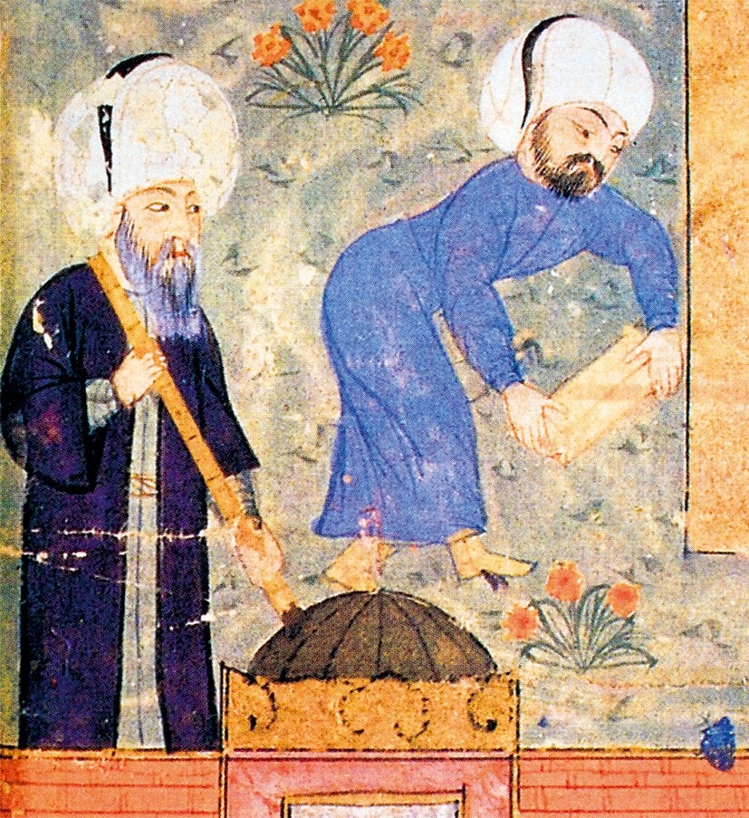 Nakkaş Osman’ın Kanûnî Sultan Süleyman’ın cenazesinin Süleymaniye Camii’ne getirilişini tasvir eden minyatüründe Mimar Sinan’ın resmedildiği detay (Seyyid Lokmân, Zafernâme, Chester Beatty Library, nr. T. 413, vr. 115b)