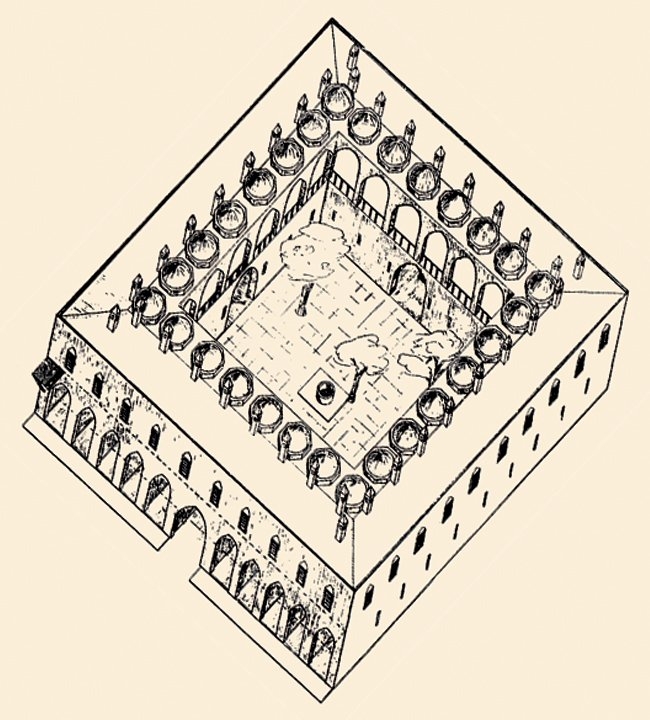 Elçi Hanı’nın tahminî olarak yapılmış restitüsyon denemesi (Ara Altun’un çizimi, S. Eyice’den)