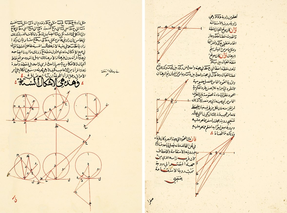 Takıyyüddin er-Râsıd’ın fiziğe dairNevru ḥadîḳati’l-ebṣâr adlı eserinden iki sayfa(Süleymaniye Ktp., Lâleli, nr. 2558, vr. 38b, 63b)