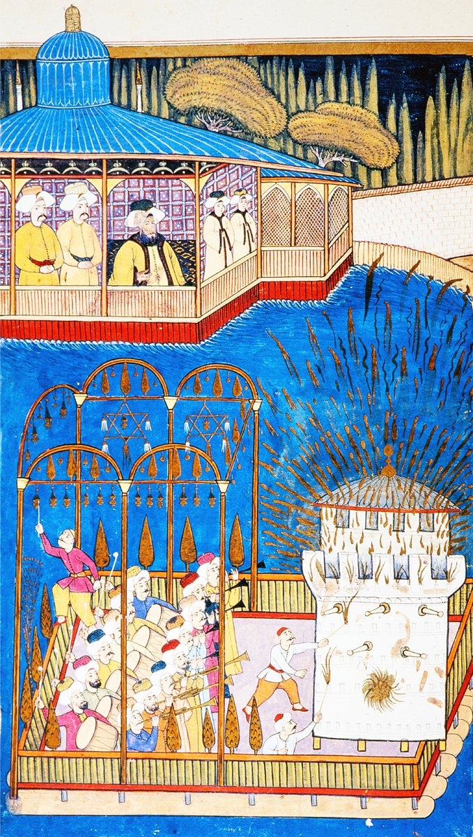 Levnî’nin, III. Ahmed’in şehzadelerinin sünnet düğününden gece gösterilerini tasvir eden bir minyatürü (Surnâme-i Vehbî, TSMK, III. Ahmed, nr. 3593, vr. 113a)