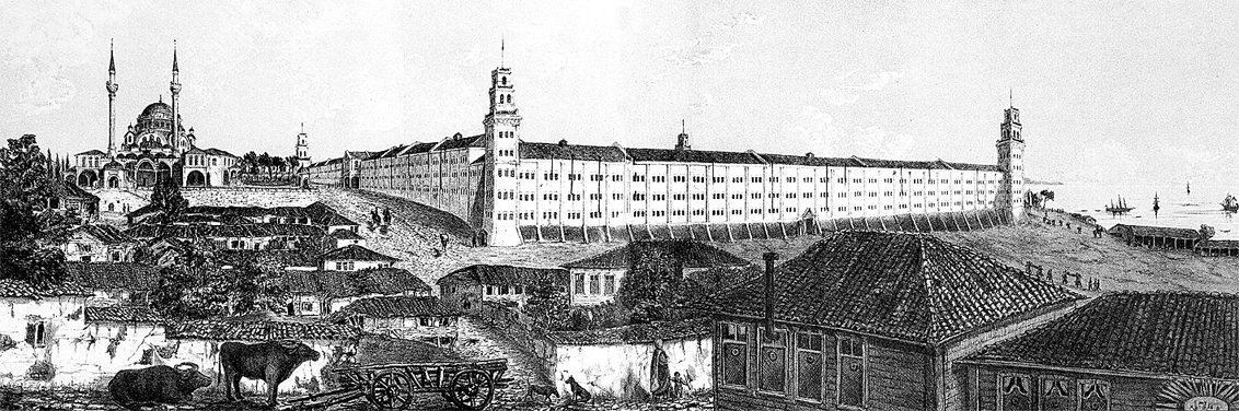 Selimiye Kışlası’nı gösteren XVIII. yüzyıla aitbir gravür (Lady Alicia Blackwood,Scutary, the Bosphorus and the Crimea,[baskı yeri yok] 1857, II, lv. 1)