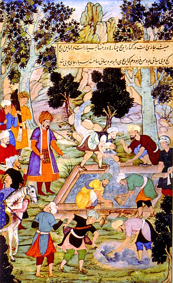 Bâbürnâme’de bir bahçenin Bâbür’ün nezâretinde tanzim edilişini gösteren bir minyatür