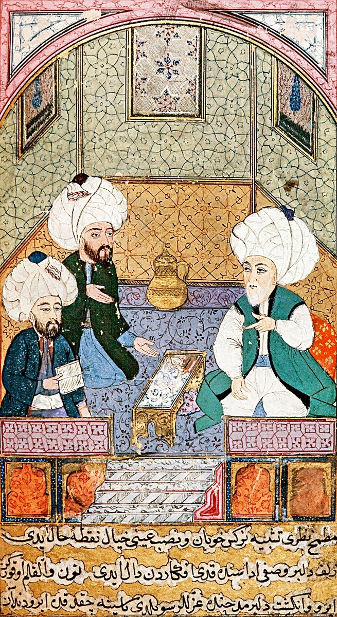 Âşık Çelebi tezkiresindeki bir minyatürde Bâkî Şeyhülislâm Ebüssuûd Efendi ve Nev‘î ile birlikte (Millet Ktp., Ali Emîrî, nr. 772, vr. 159a)